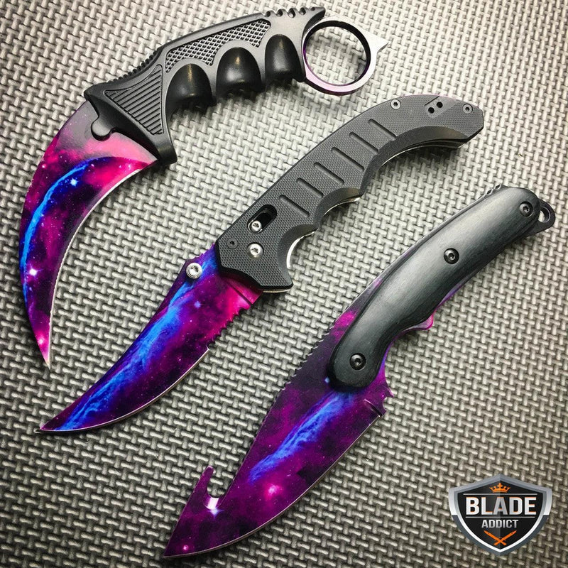 3 PC CSGO Black Galaxy Gut Hook Fixed Blade Flipper Knife Karambit SET - BLADE ADDICT