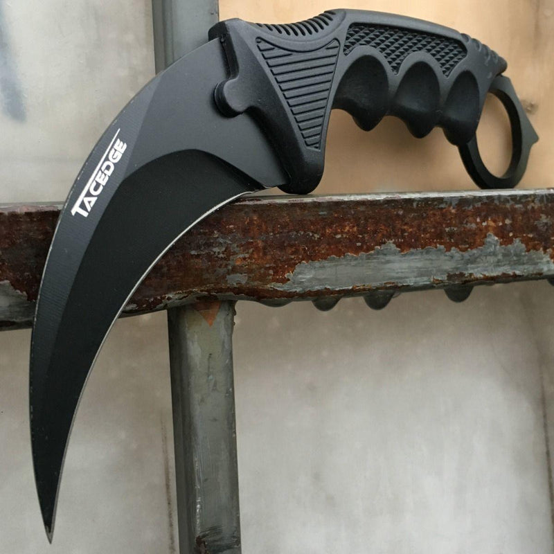 5PC BLACK SURVIVAL FIXED BLADE KARAMBIT TOMAHAWK AXE POCKET KNIFE SET - BLADE ADDICT