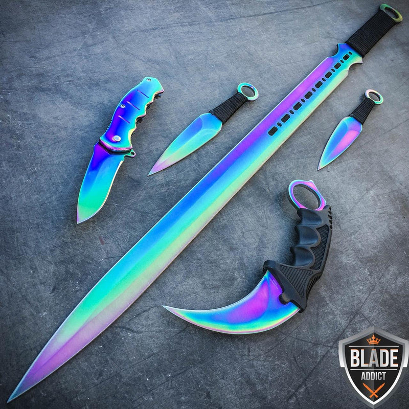 5PC Rainbow Fixed Blade Machete Sword Throwing Knife Karambit Set - BLADE ADDICT