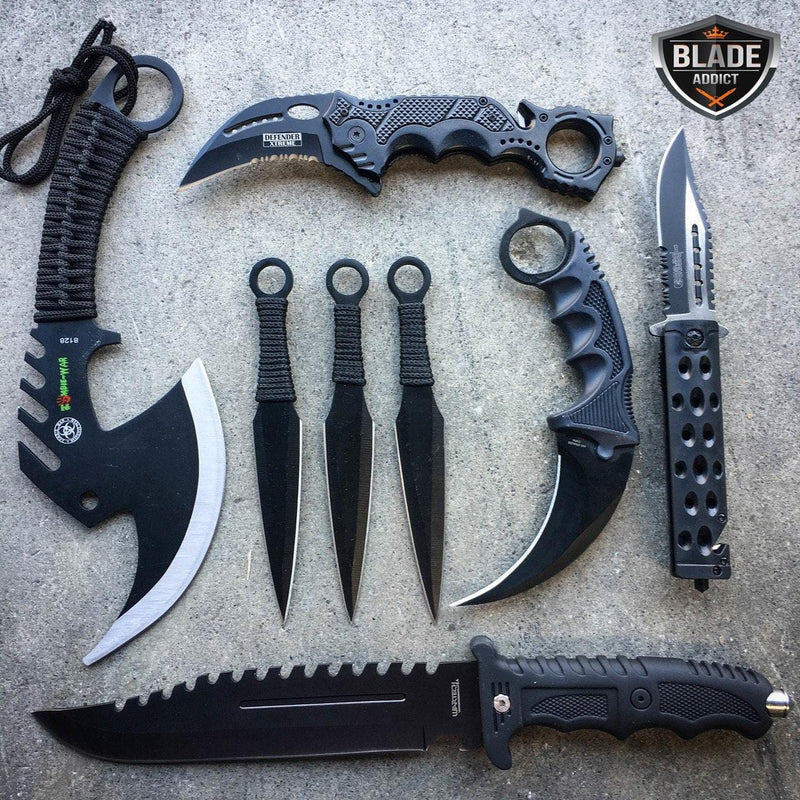8 PC BLACK Tactical Zombie Axe Fixed Blade Hunting Knife Karambit Throwing Set - BLADE ADDICT