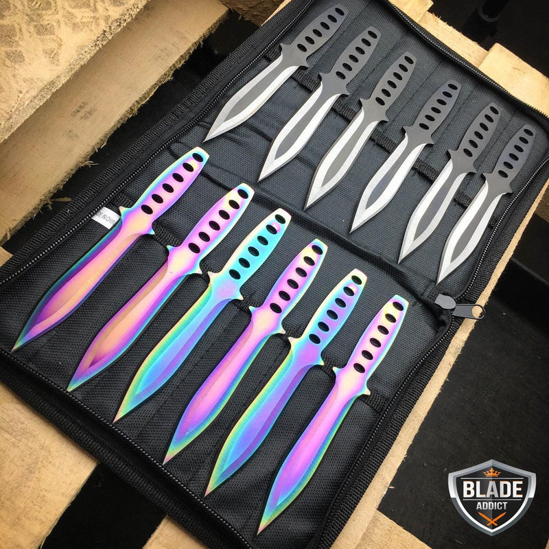 12 PCs 6" Ninja Hunting Rainbow Kunai Throwing Knives + Case - BLADE ADDICT