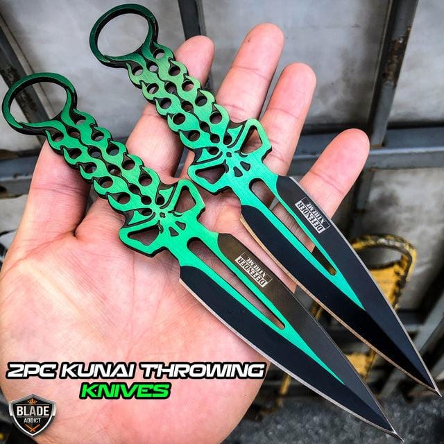 2 PC Double 8" Ninja Tactical Skull Combat Naruto Kunai Throwing Knives - BLADE ADDICT