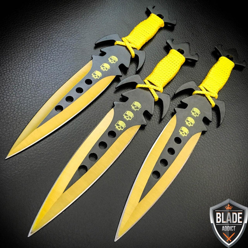 3Pc 7.5" Ninja Tactical Kunai Throwing Knife Set W/ Sheath GOLD - BLADE ADDICT