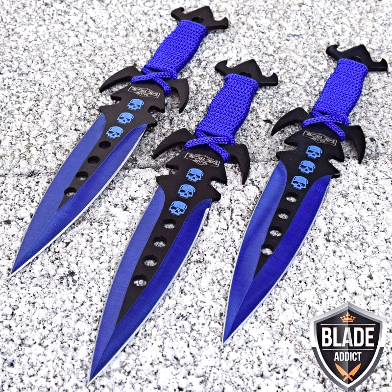 3Pc Kunai Throwing Knife Set w/Sheath BLUE - BLADE ADDICT