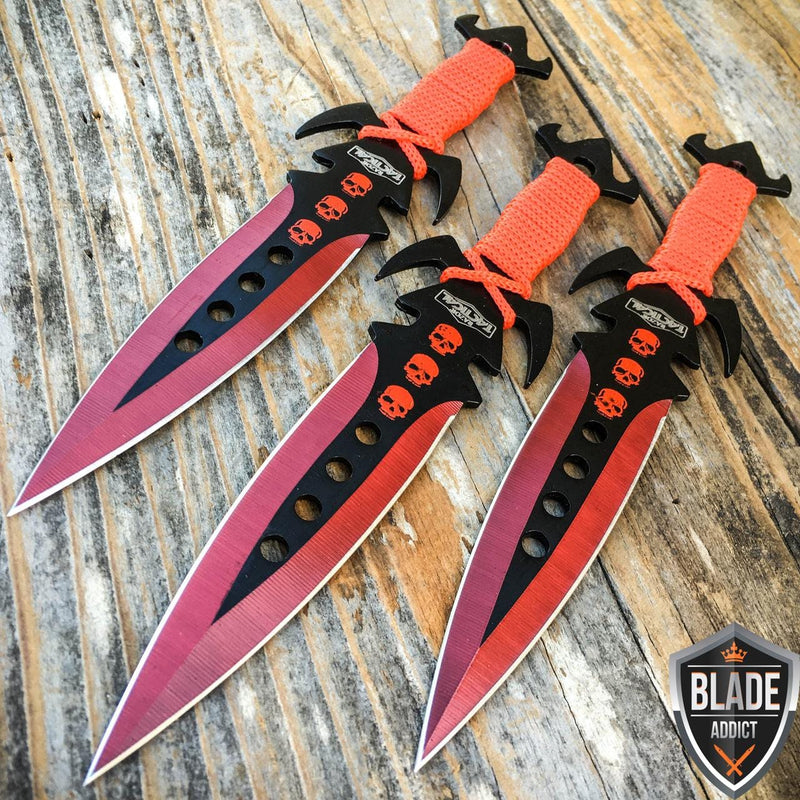 3Pc Kunai Throwing Knife Set w/Sheath RED Hunting - BLADE ADDICT