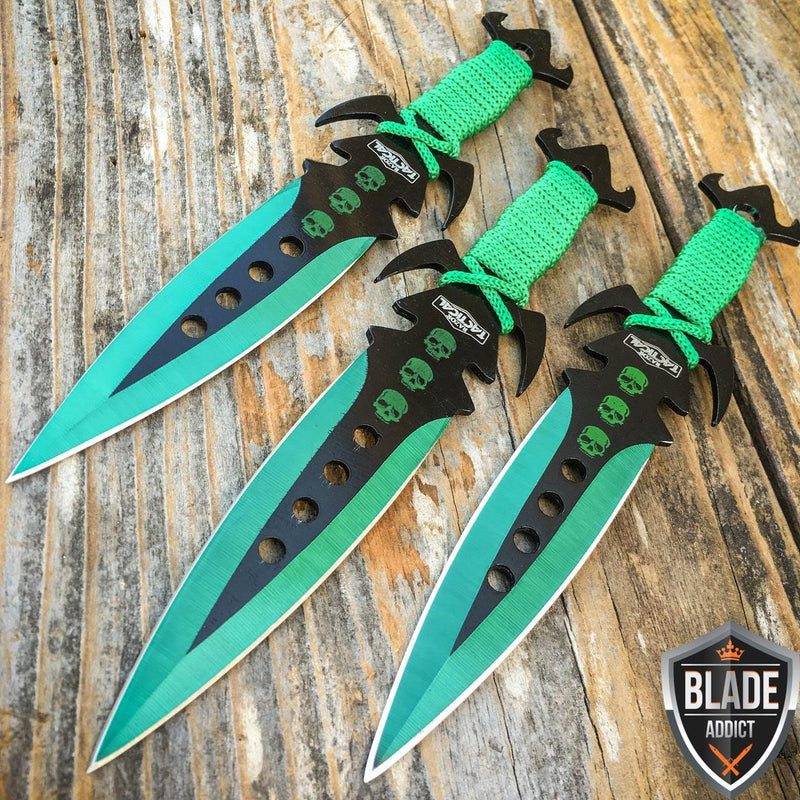 3Pc NINJA Kunai Throwing Knife Set W/Sheath GREEN - BLADE ADDICT