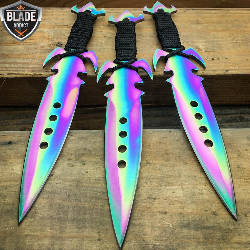 3Pc Real Kunai Throwing Knives W/Sheath Rainbow - BLADE ADDICT