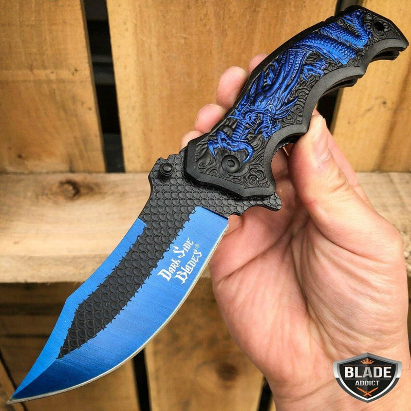 Heavy Duty DRAGON Tactical Spring Assisted Open Folding Pocket Knife Blue - BLADE ADDICT