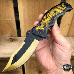 Heavy Duty DRAGON Tactical Spring Assisted Open Folding Pocket Knife Gold - BLADE ADDICT