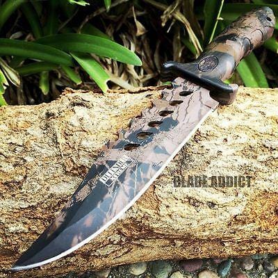 10.5" CAMO COMBAT BOWIE HUNTING KNIFE Survival Military Fixed Blade - BLADE ADDICT