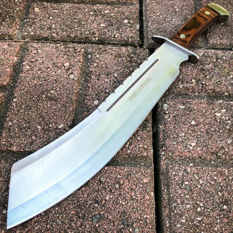 19" Full Tang HUNTING MACHETE KNIFE w/ SHEATH Fixed Blade Wood Handle - BLADE ADDICT