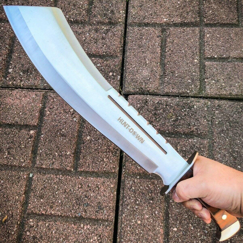19" Full Tang HUNTING MACHETE KNIFE w/ SHEATH Fixed Blade Wood Handle Brown - BLADE ADDICT