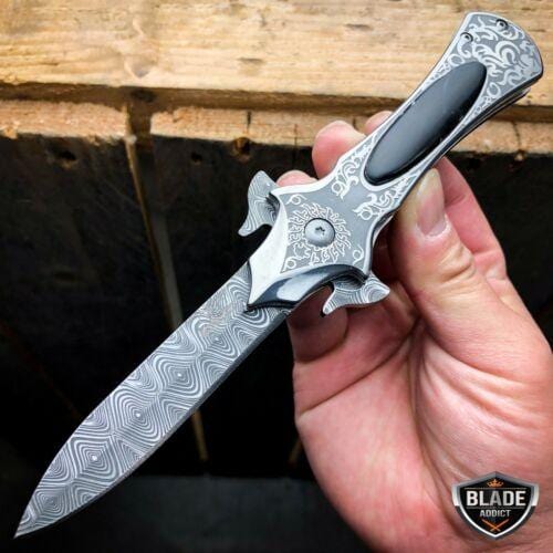 8" FANTASY FOLDING Dagger Dirk POCKET KNIFE Damascus Ninja Blade Diablo Black - BLADE ADDICT