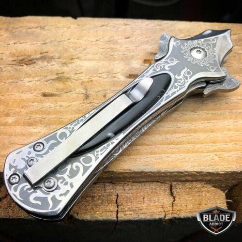 8" FANTASY FOLDING Dagger Dirk POCKET KNIFE Damascus Ninja Blade Diablo Black - BLADE ADDICT