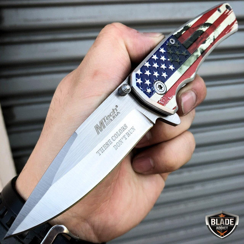 8" MTech American Flag Skull Spring Assisted Open Folding Pocket Knife - BLADE ADDICT