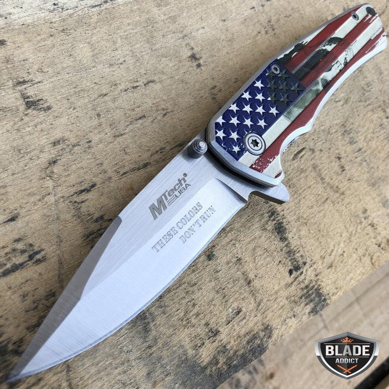 8" MTech American Flag Skull Spring Assisted Open Folding Pocket Knife - BLADE ADDICT