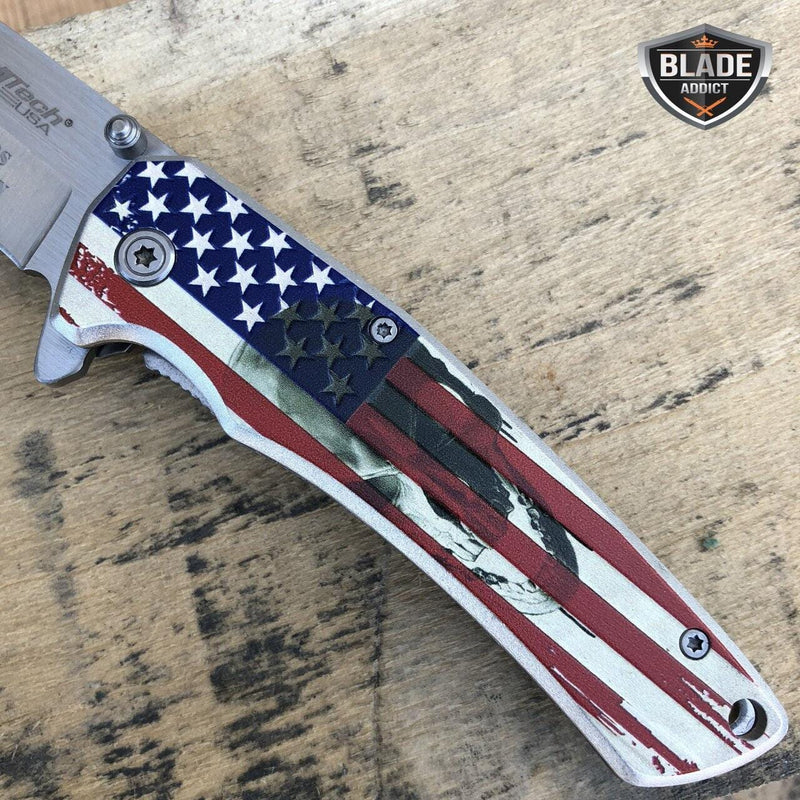 8" MTech American Flag Skull Spring Assisted Open Folding Pocket Knife - BLADE ADDICT
