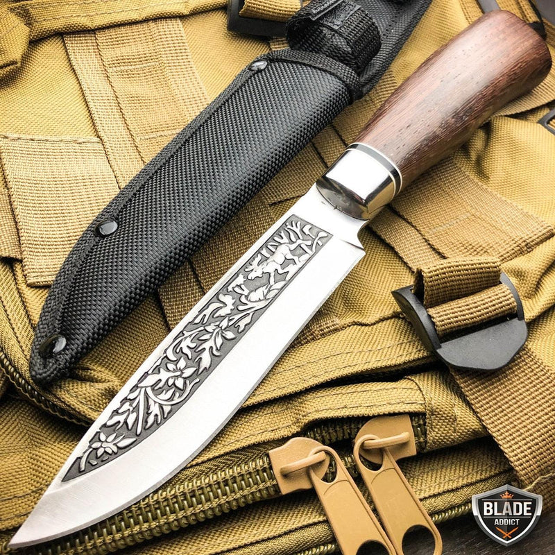 10.5'' Outdoor Fishing Fixed Blade w/ Wood Handle + Nylon Sheath - BLADE ADDICT