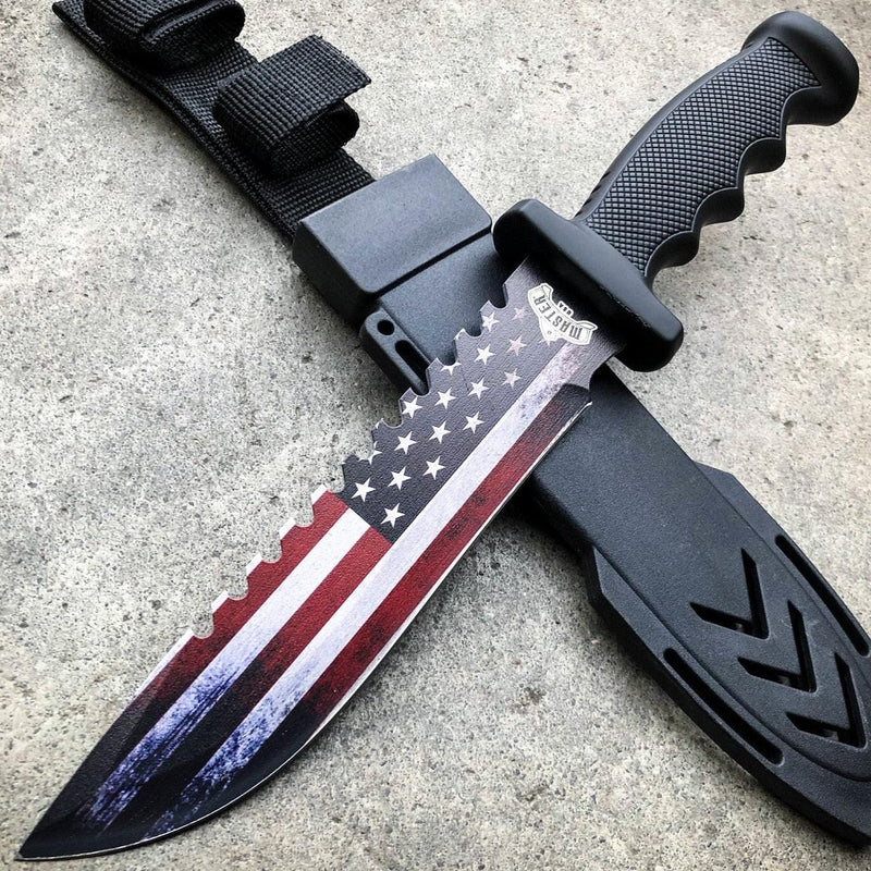 12.5 Military Tactical USA AMERICAN FLAG Fixed Blade Bowie Knife - BLADE ADDICT