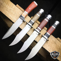 4 PC Fixed Blade Wood Hunting Knife Tactical Survival Bowie OUTDOOR Camping - BLADE ADDICT