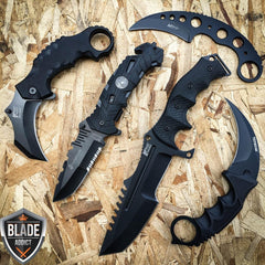 5PC BLACK DARK TACTICAL FIXED BLADE POCKET KNIFE KARAMBIT SET - BLADE ADDICT