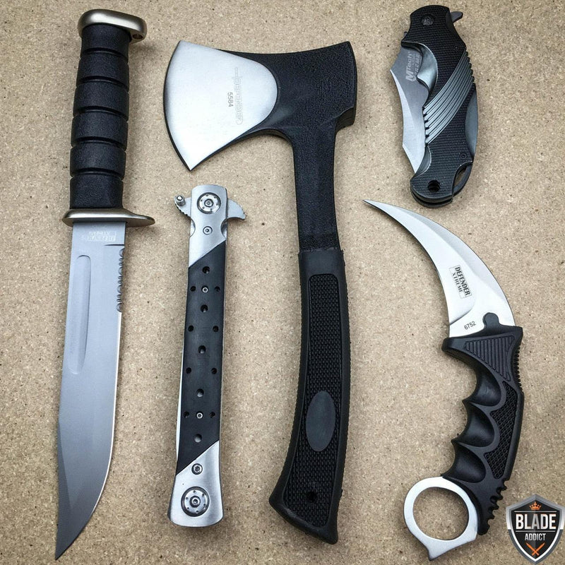 5PC SILVER BLACK TACTICAL HUNTING OUTDOOR SET - BLADE ADDICT