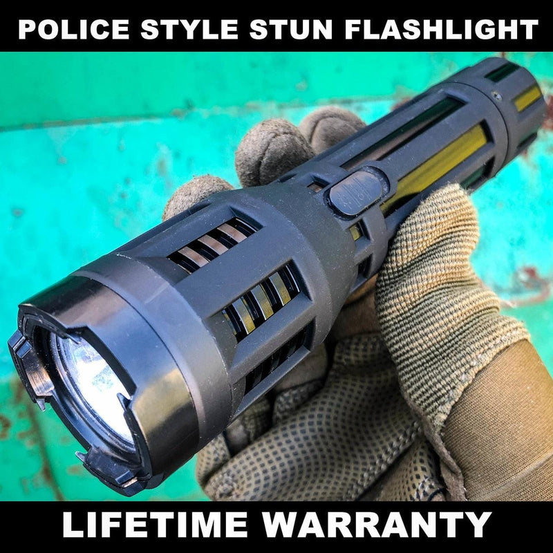 POLICE FORCE Stun Gun 10MV Rechargeable LED Flashlight w/ BLACK Case - BLADE ADDICT