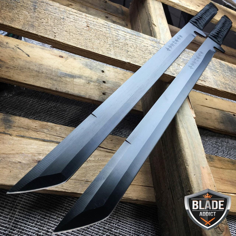 2 PC 27'' FULL TANG NINJA MACHETE KATANA SWORD ZOMBIE TACTICAL SURVIVAL KNIFE NEW - BLADE ADDICT