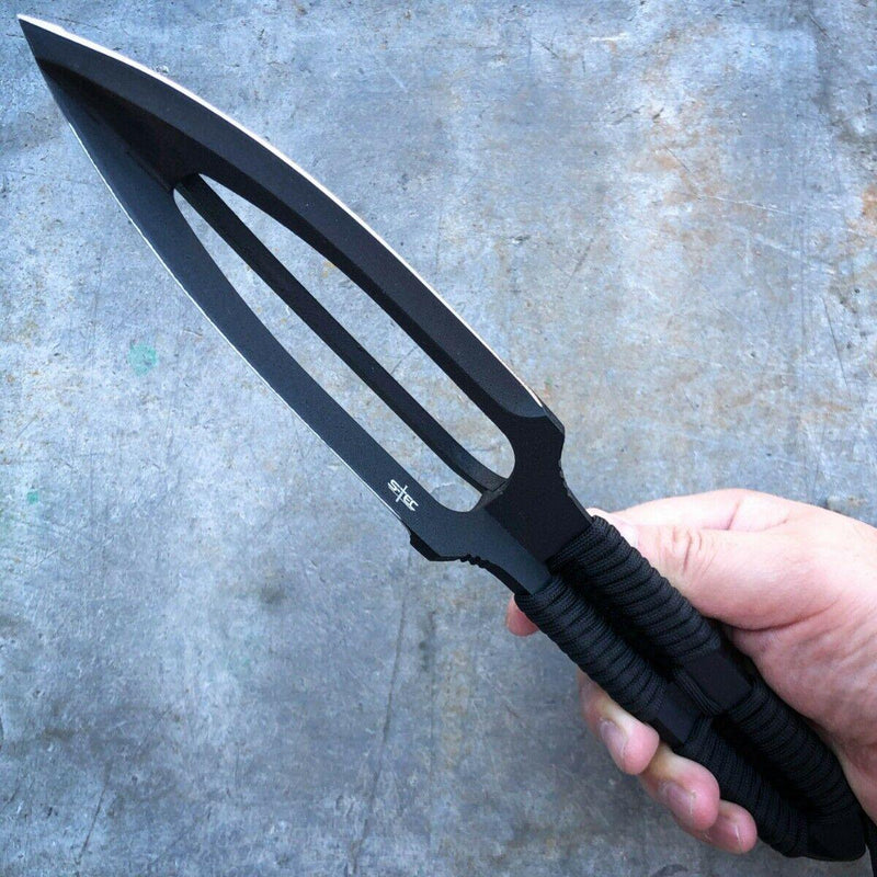 12" Military Tactical Full Tang Fixed Blade Black Tri-Edged Spear Head - BLADE ADDICT