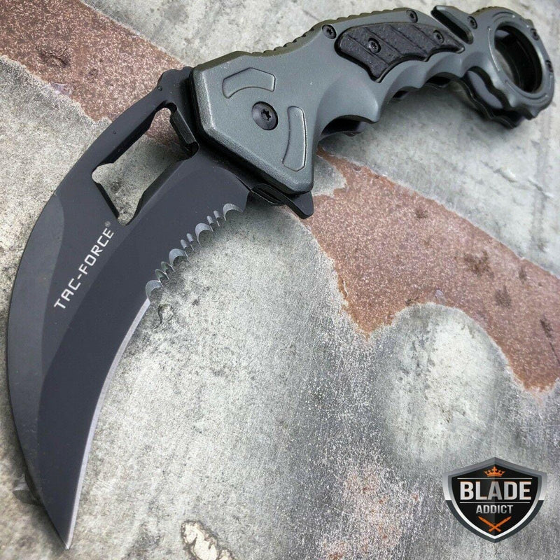 8" Spring Assisted Open Folding Pocket Knife Karambit Claw Combat Grey - BLADE ADDICT